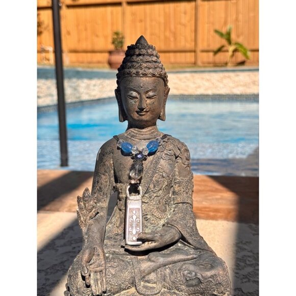 Vintage Silverware Necklace With Blue & Clear Beads Pendant - Picture 7 of 14